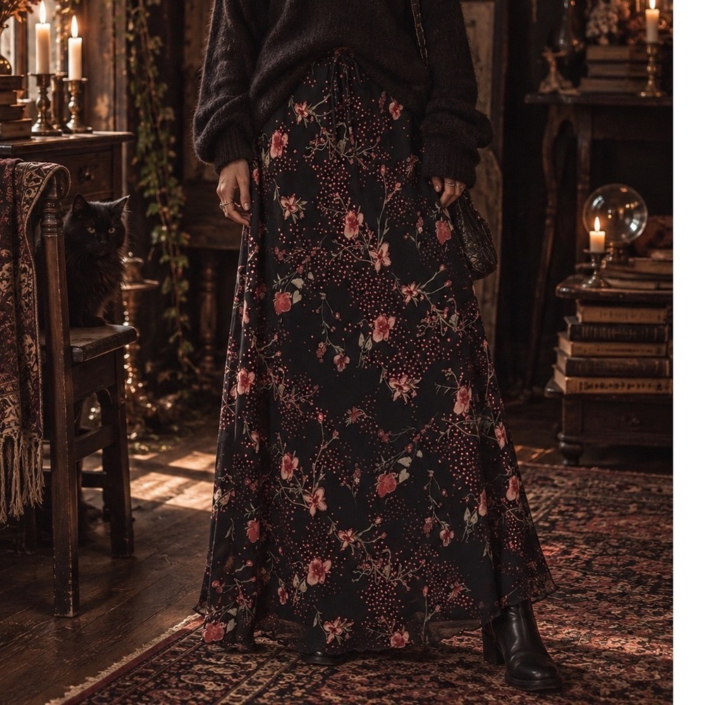 Vtg Y2K 90s Maxi Skirt Womens L Whimsigoth Dark Romantic Floral practical magic